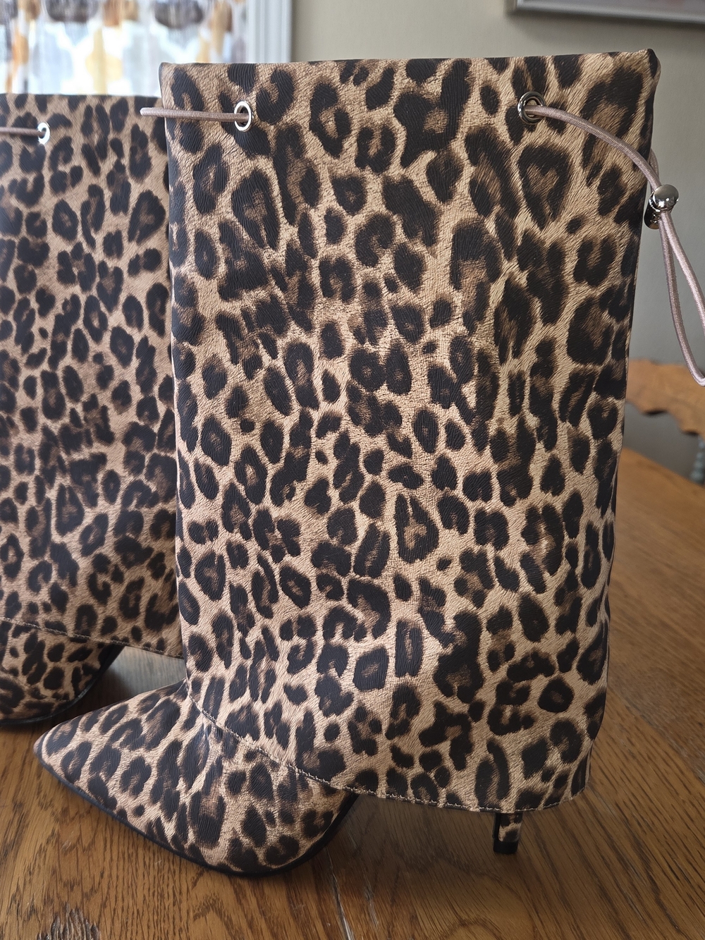 Leopard Print Heeled Boots - Fold Over Style, Drawstring Toggle, Sz 7.5. EECP